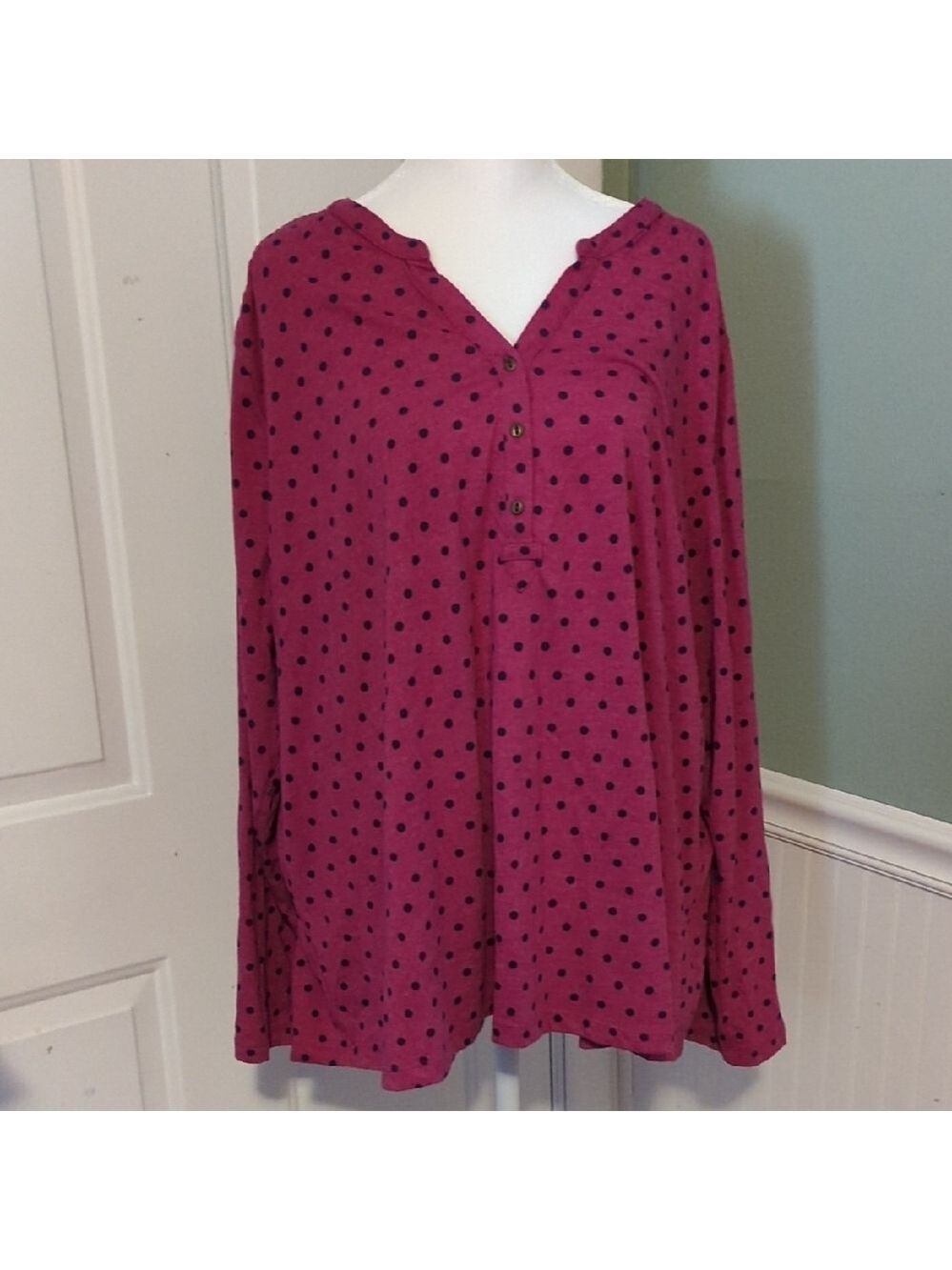 Basic Editions Magenta Black Polka Dot Top 2X